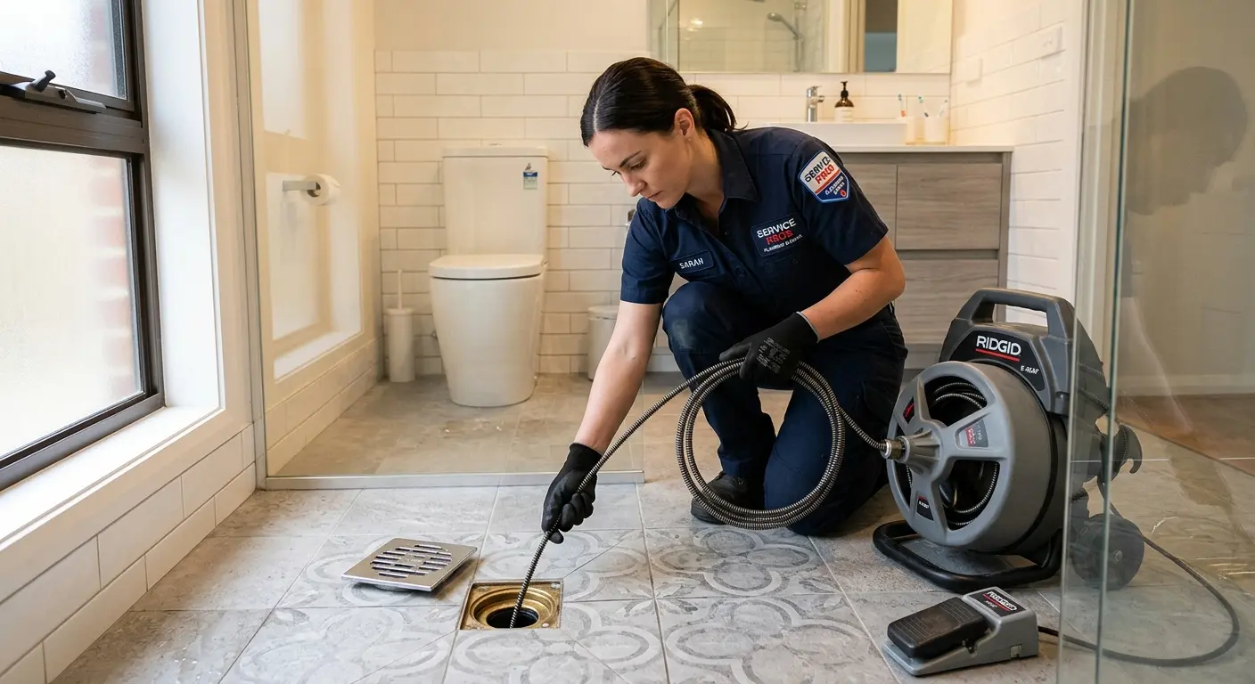 Technician clearing a bathroom floor drain for Hydro Jetting in Manchester